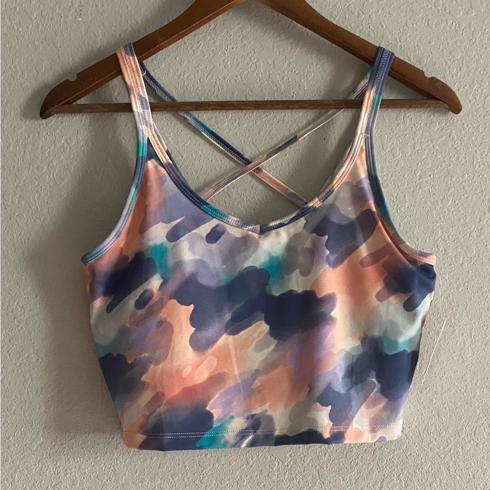 Women New Sports Bra Long line Watercolor Abstract Pattern Strappy back Medium